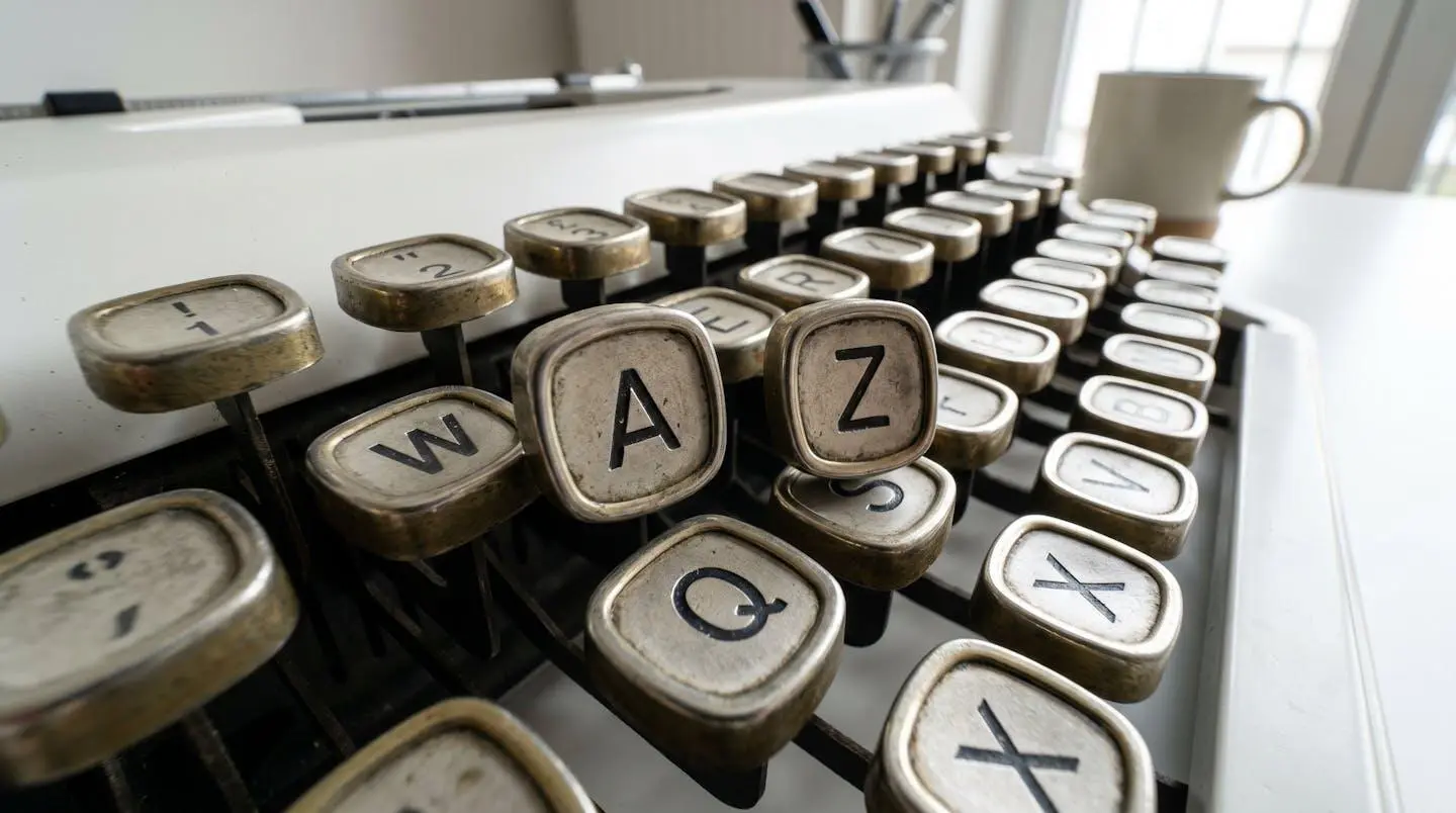 Gros plan sur les touches métalliques argentées d'une machine à écrire vintage avec disposition AZERTY, mise au point sélective révélant la texture du métal