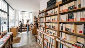 Rayonnage de librairie indépendante parisienne avec section littérature française du XXe siècle éclairée par la lumière naturelle