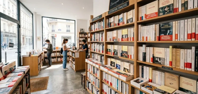 Rayonnage de librairie indépendante parisienne avec section littérature française du XXe siècle éclairée par la lumière naturelle