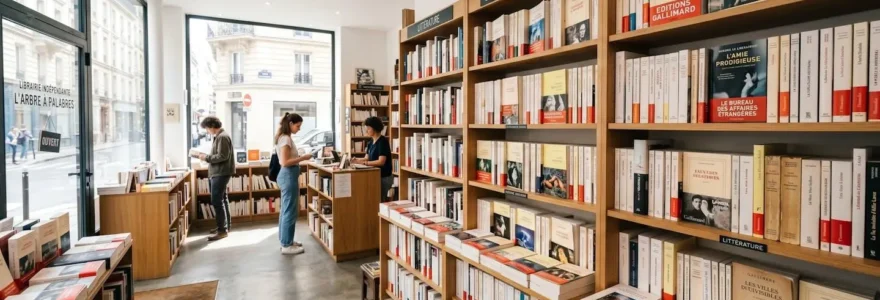 Rayonnage de librairie indépendante parisienne avec section littérature française du XXe siècle éclairée par la lumière naturelle