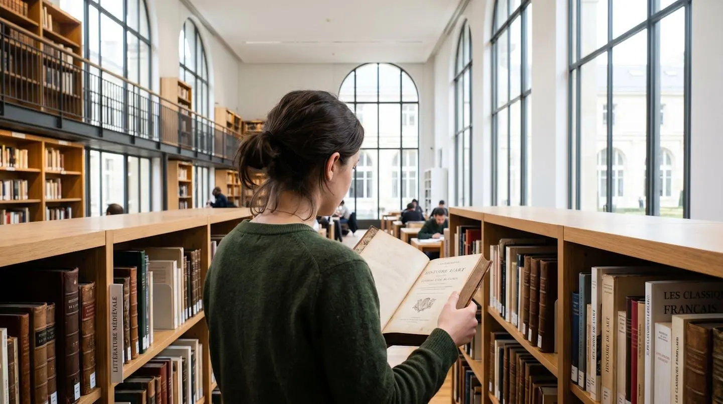 Personne vue de dos consultant un ouvrage ancien dans une bibliothèque contemporaine baignée de lumière naturelle, concentration silencieuse sur la lecture